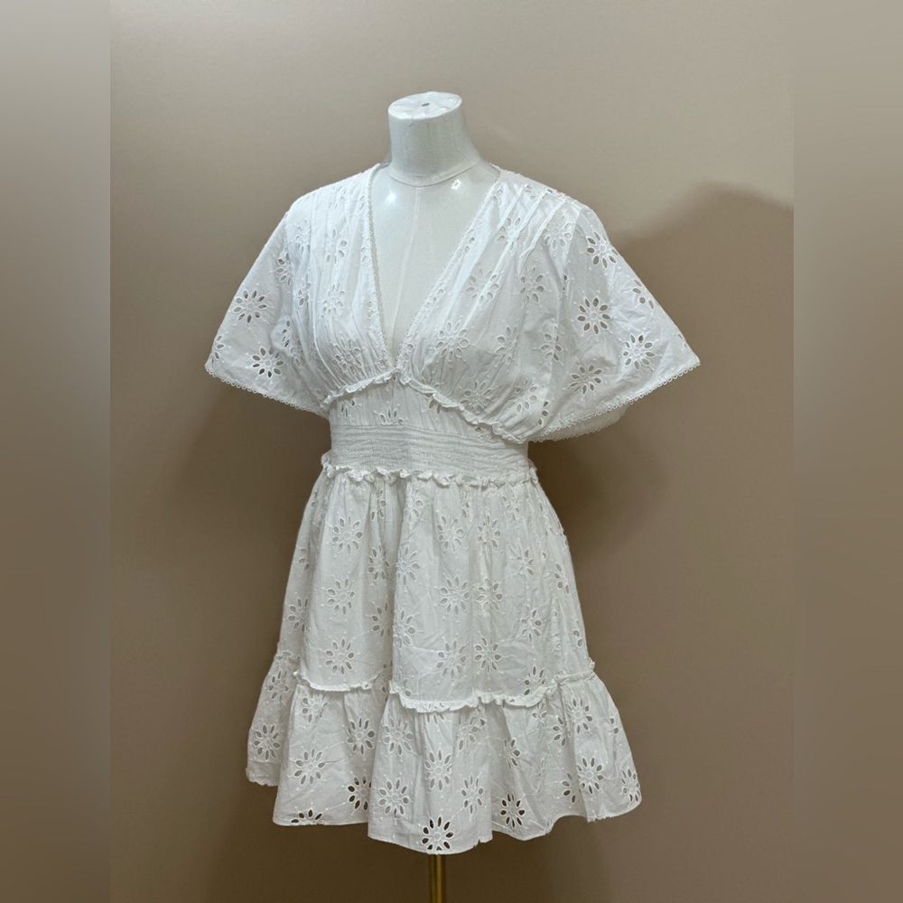Zara White Eyelet V-Neck Tiered Mini Dress